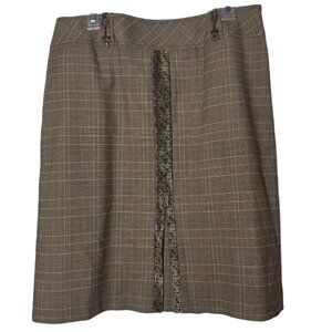 Karen Millen Brown Plaid Wool Blend Skirt 10 US • Metallic Trim + Front Slit
